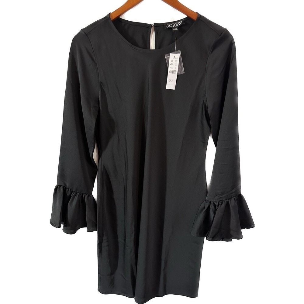 J. Crew Dress Women's Size 2 Bell Ruffles Sleeves Black Satin $138